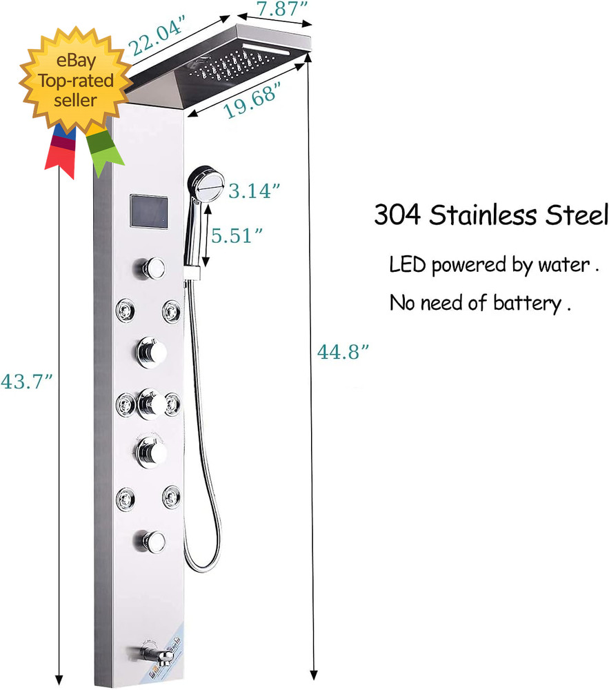 Contemporary Shower Panel Tower System Stainless Steel 6 Function LED Shower
