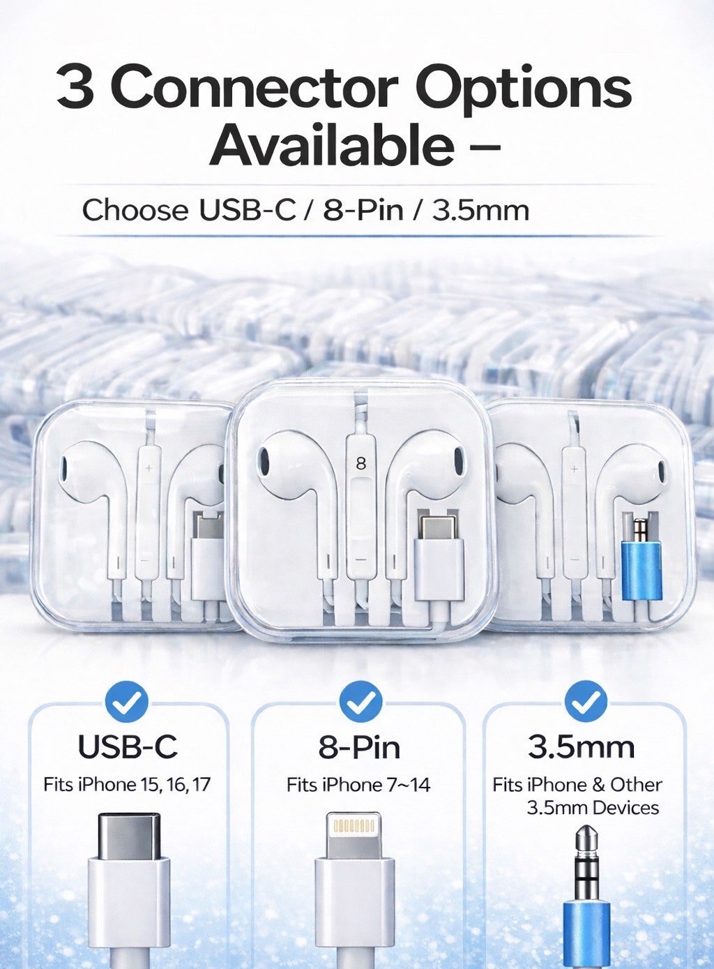 LOT Wired Earbuds USB-C /8-Pin / 3.5mm Headphones Mic Fit iPhone Android Phones