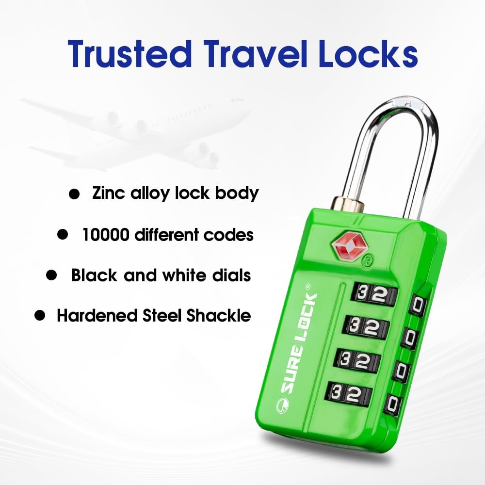 TSA Approved 4-Digit Resettable Combination Luggage Locks with Open Alert, Ea...