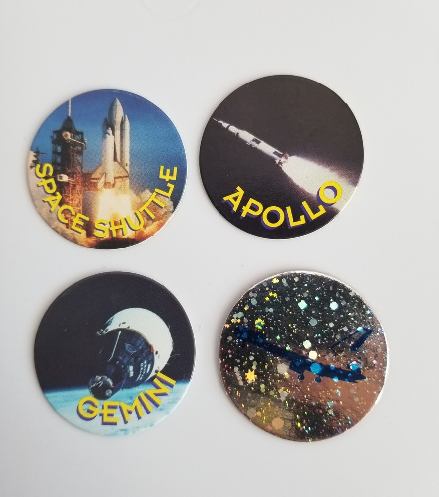 4 Vtg Spacecraft Space Cap Pogs Gemini, Apollo, Space Shuttle, Long John Silvers