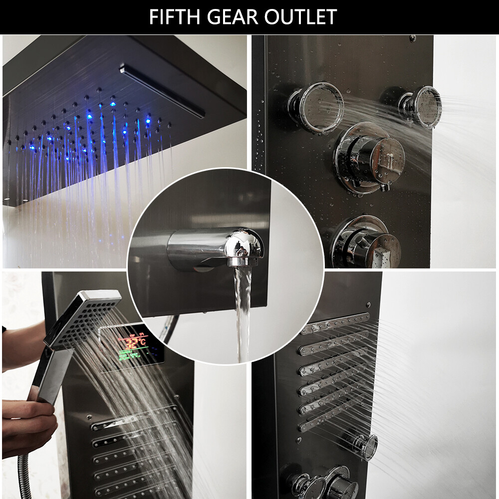 Bathroom Black Wall Mount Shower Panel Column LED Rainfall Jets Shower Mixer Tap