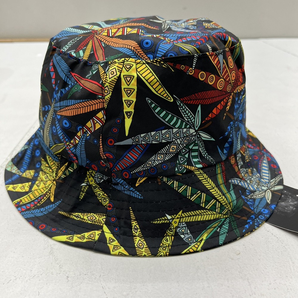 Black Multicolor Hemp Leaf All-Over Pattern Bucket Hat Unisex One Size Fits Most