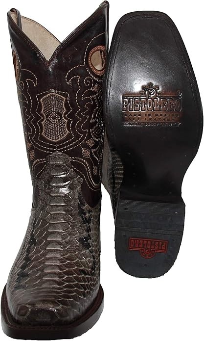 Genuine Leather Exotic Python Print Square Toe Cowboy Western Boots - Olive