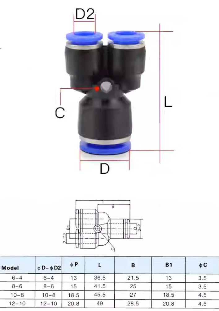 8mm to 6mm Unequal Reducing Y Push in Fitting Connector