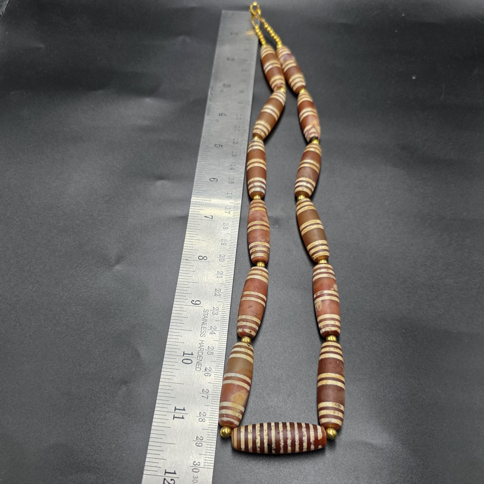 Antique Etched Carnelian Decorated Agate Beads Necklace.