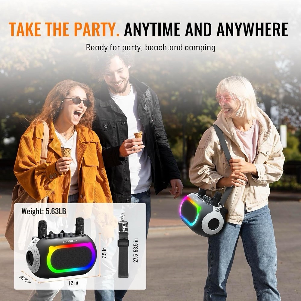 Portable Karaoke Machine with LED Lights, 2 Wireless Mics, Bluetooth Speaker