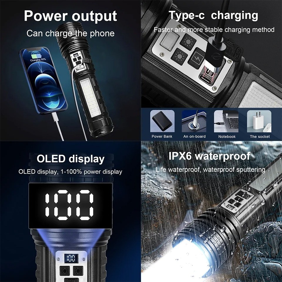 High Power Flashlight Super Big Rechargeable LED Searchlight Long Range Torch