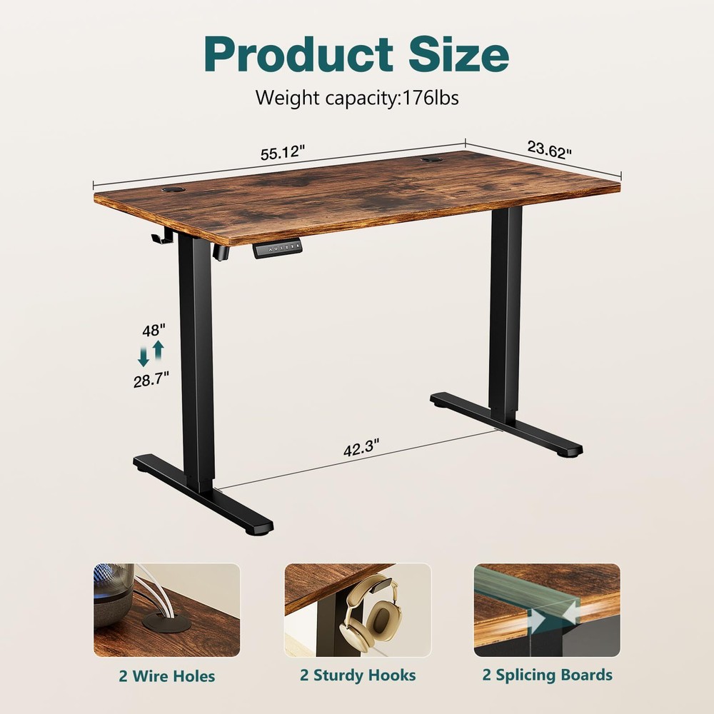 Rustic Brown 24"x55" Adjustable Standing Desk with Cable Management
