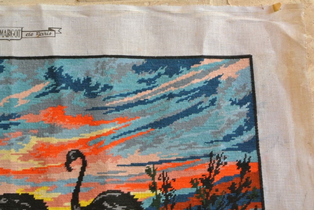 Flamingos in Sunset Completed Needlepoint Vintage