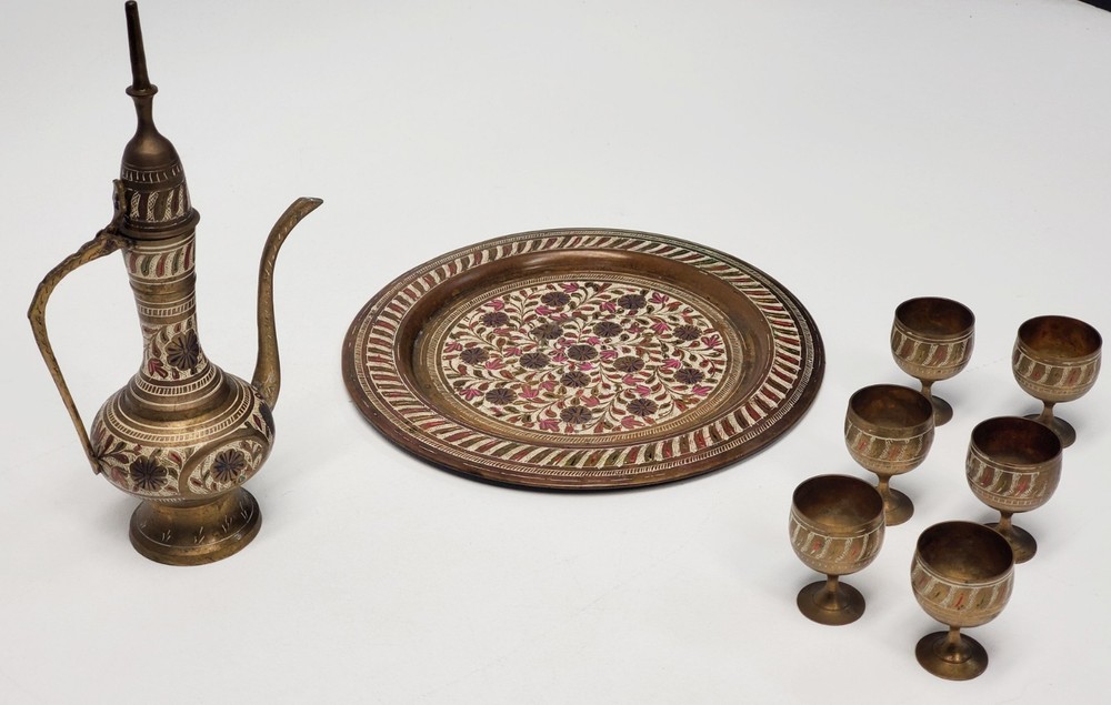 Vintage 6 pc Middle Eastern Turkish style solid brass coffee or tea pitcher cups