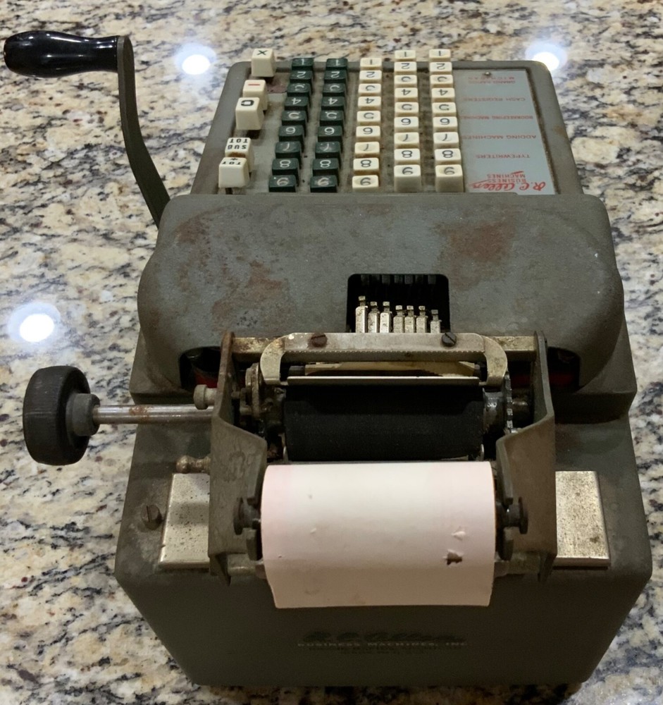 Vintage RC Allen Business Adding Machine Model Adding Machine with Hand Crank