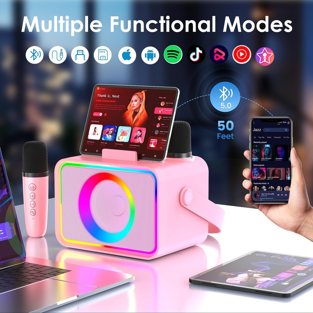 Karaoke Machine,Portable Bluetooth Speaker with 2 Wireless Microphone Pink