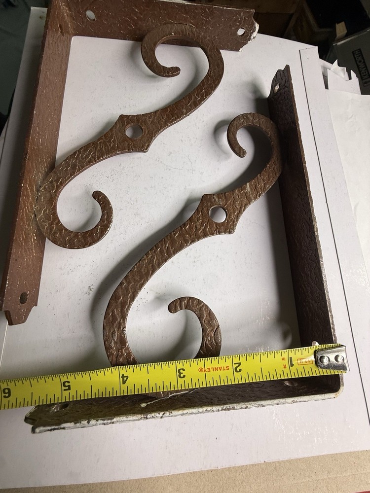Vintage Hammered Steel Shelf Brackets Rustic Scroll Wall Mount Pair