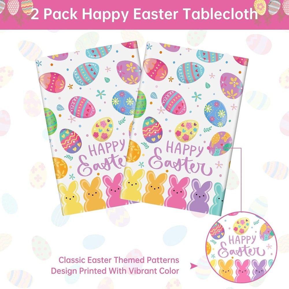 2 Pcs Happy Easter Table Cloth - Plastic Bunny Eggs Tablecloth, Disposable Re...