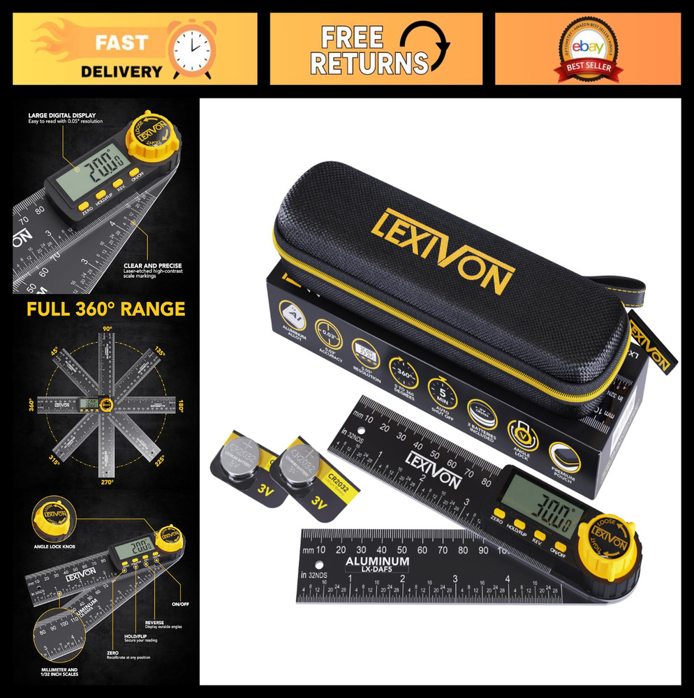 Digital Angle Finder Gauge 5" Protractor with XL Display & Pouch - Multi-Purpose