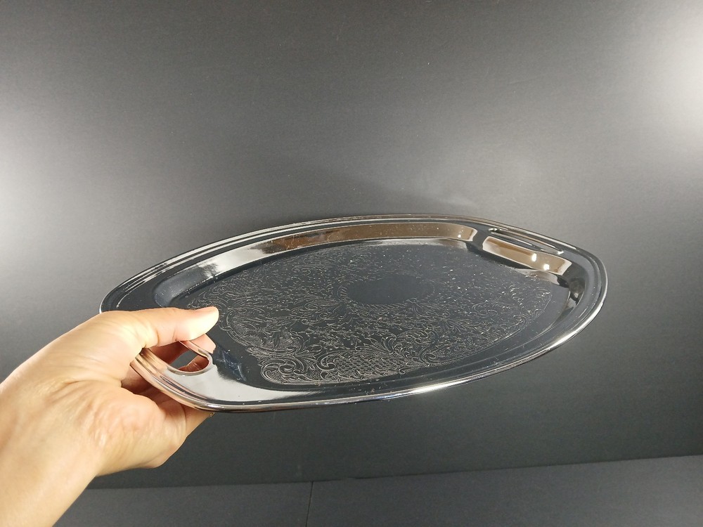 Vintage Chrome-plated Oval Serving Tray w/ Decorative Engraved Ornate Detailing