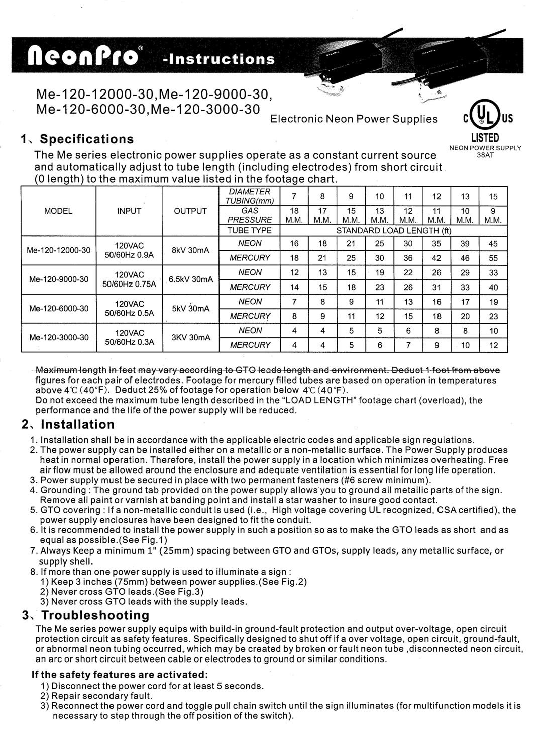 NeonPro ME-120-6000-30 NEON SIGN POWER SUPPLY TRANSFORMER - NEW, UL Listed