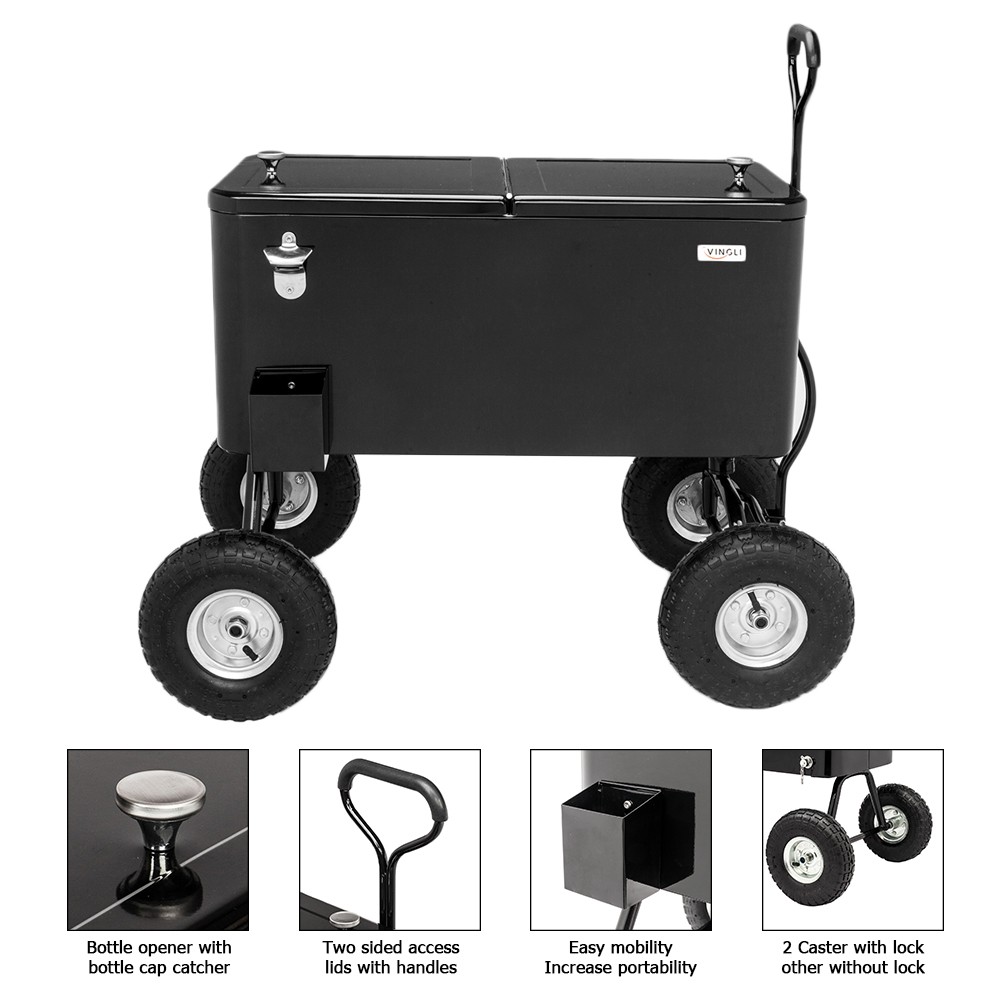 Cooler Cart 80QT Patio Rolling Cooler Picnic Ice Beer Chest w/ Wheels for Party