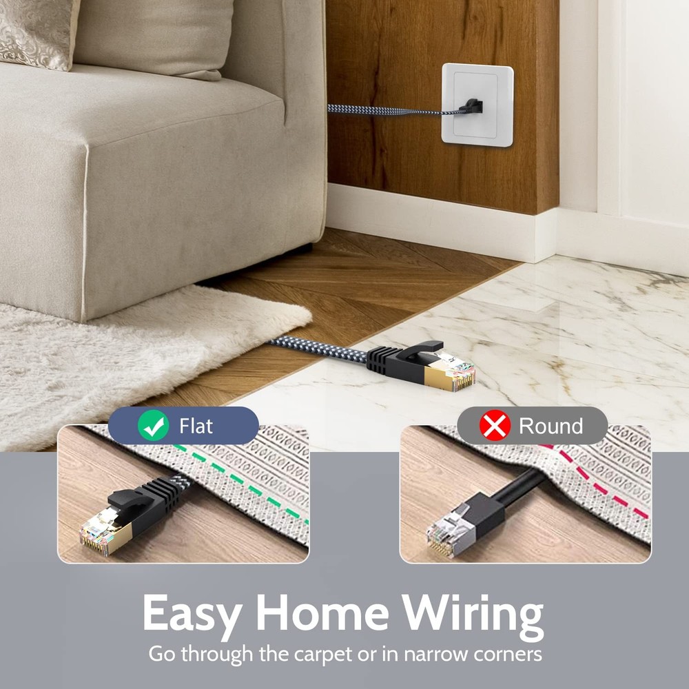 Cat 7 Ethernet Cable 10ft - Flat Design, Easy Install, Nylon Braided, More Du...