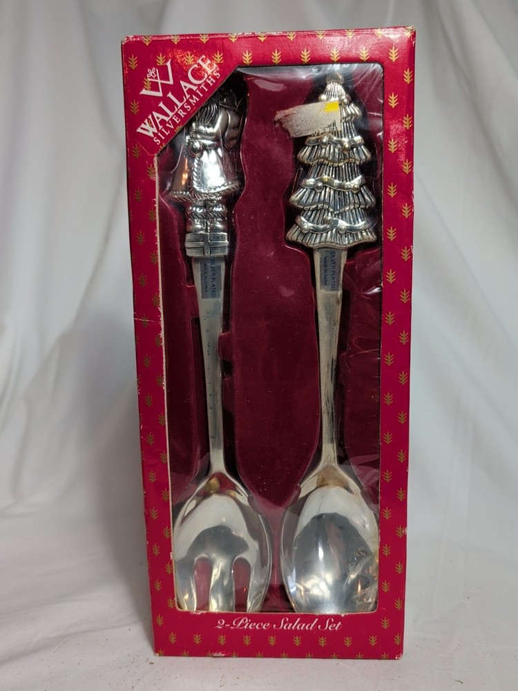 Vintage Wallace Silver Plated Salad Server Fork Spoon Set Christmas Tree Santa
