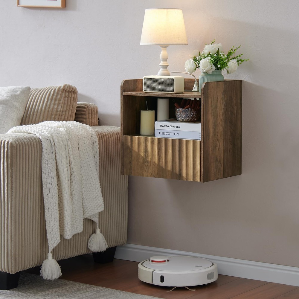 Modern Fluted Floating Nightstand Wall Mounted - Bedside Table with Storage D...