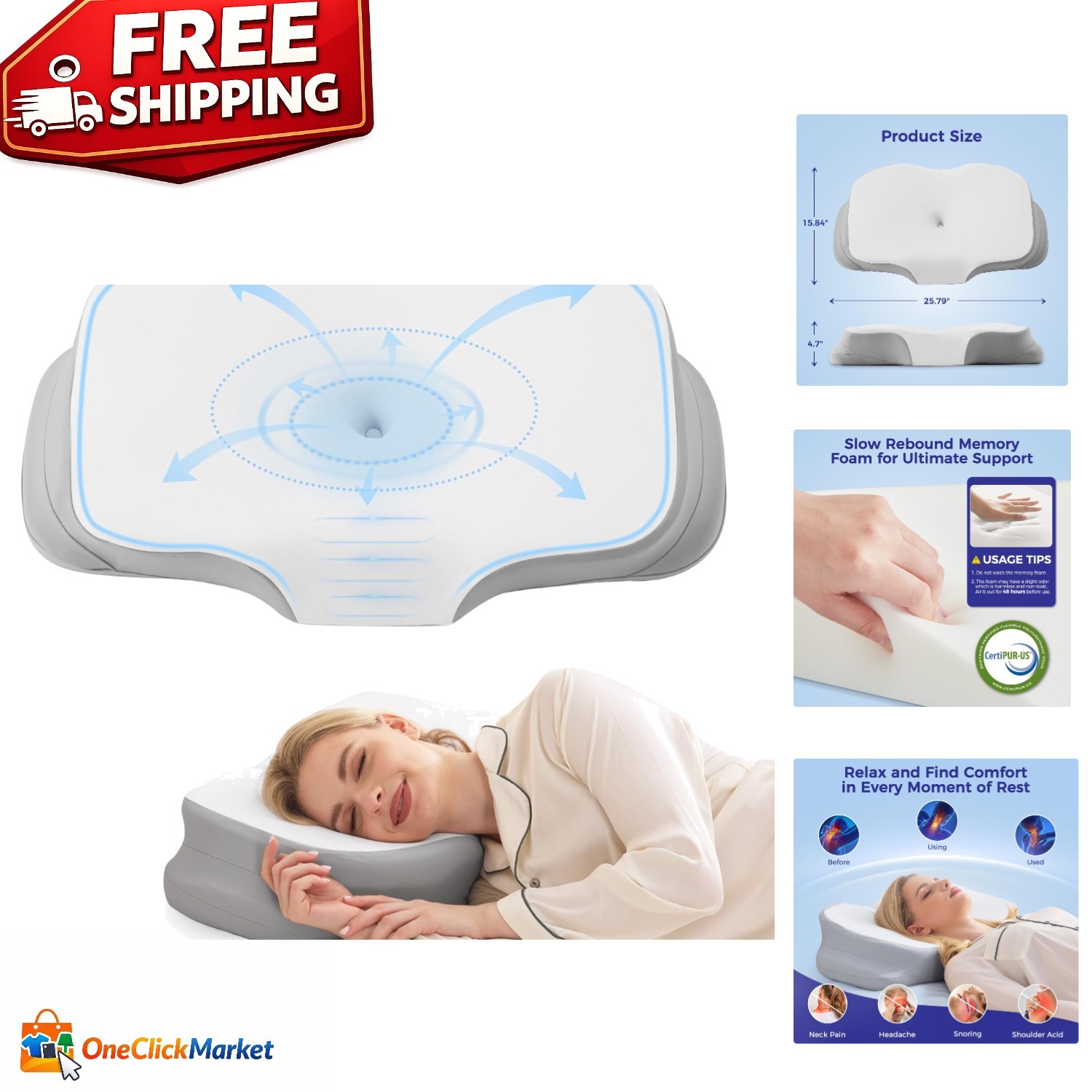 Ergo Pillow for Sleep Apnea, Neck Pain, and Snoring Relief, Standard, Gray