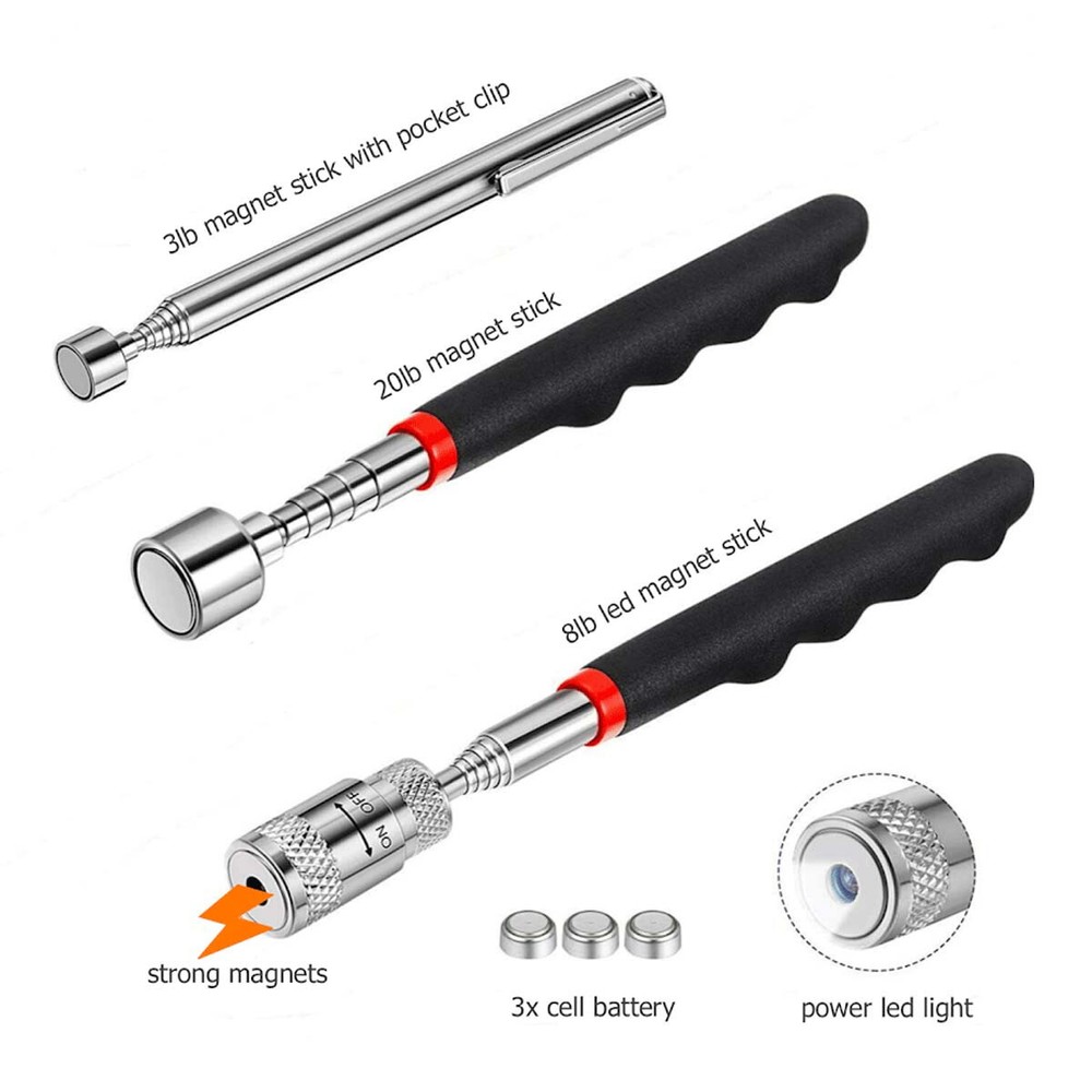 3pcs Magnet Pickup Tool Stick Telescoping Include 8 lb LED Light Grabber Extend