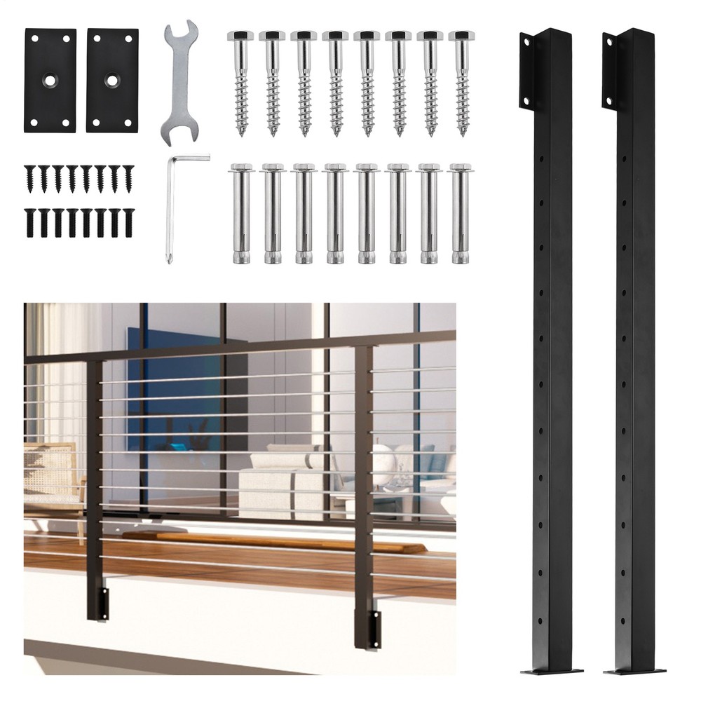 2 Pack Side Mount Stair Cable Railing Post 38"x2"x2" Level Drilled Post Black