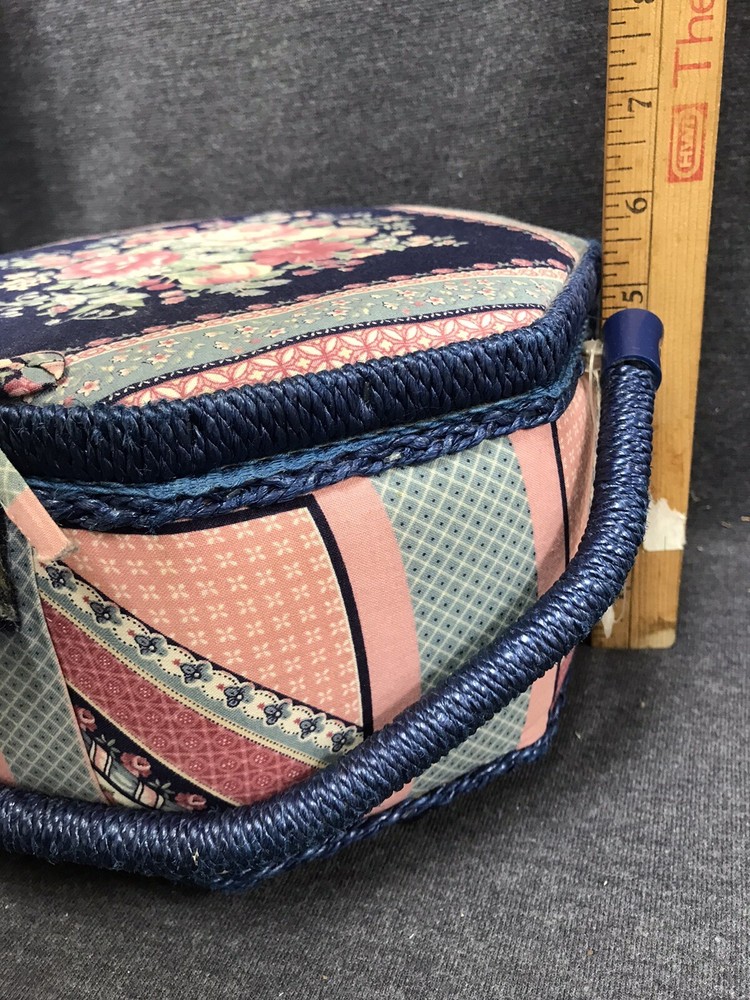 Vintage 1980’s Era Sewing Basket With Blue Patchwork Outside - Solid Blue Insi