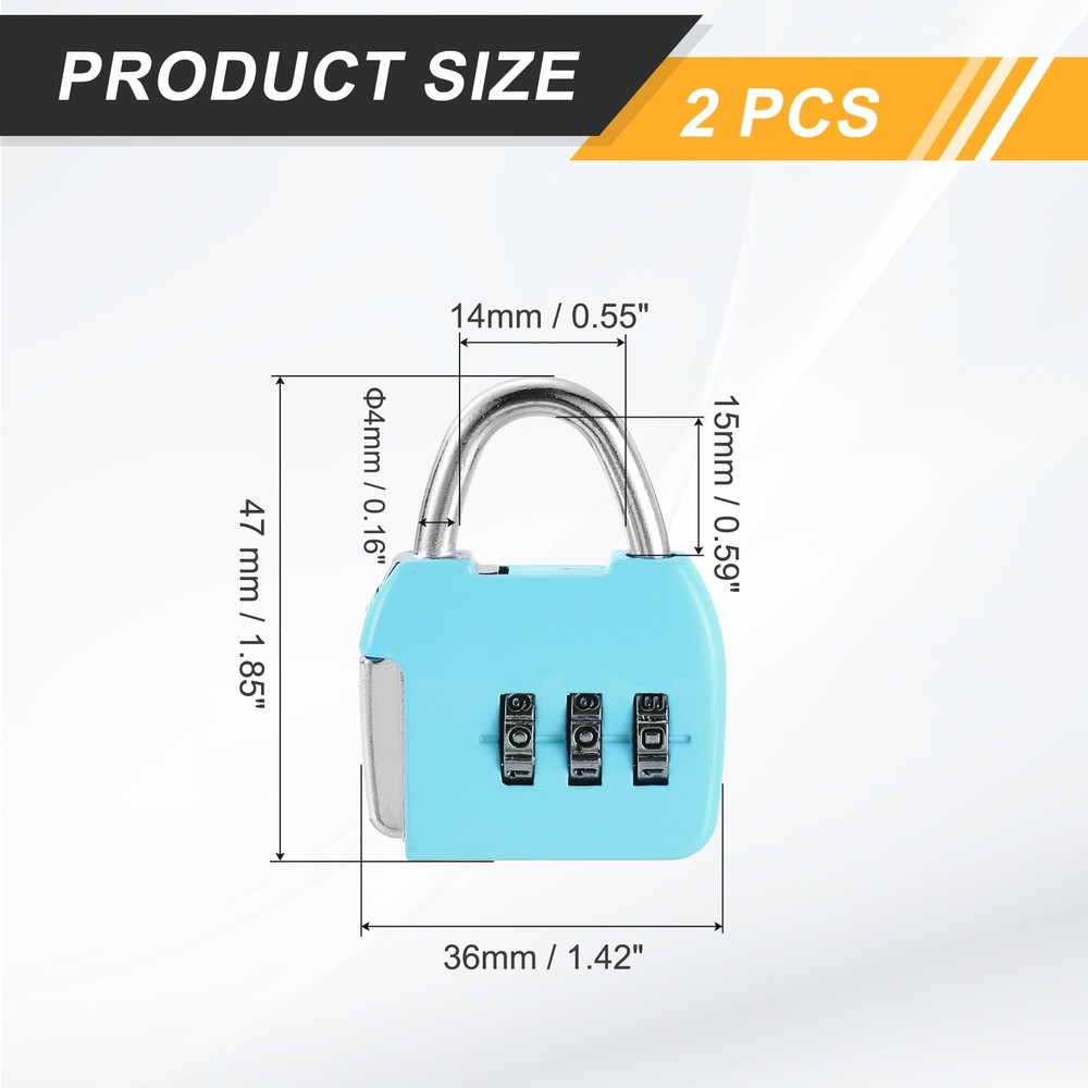 2Pcs Resettable 3 Digit Combination Lock Code Padlock, Sky Blue (47 x 36mm)