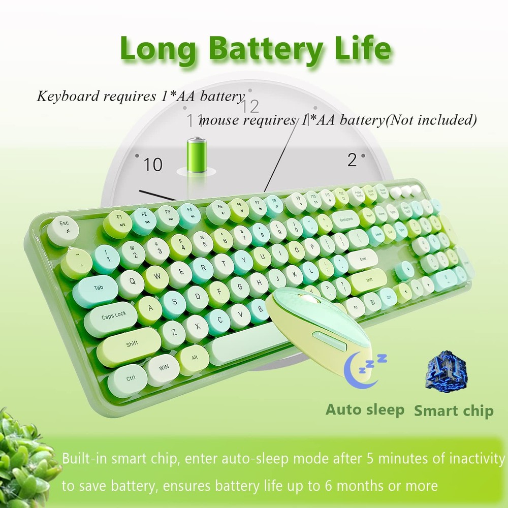 Wireless Keyboard and Mouse Combo Retro Typewriter Ergonomic Set Green