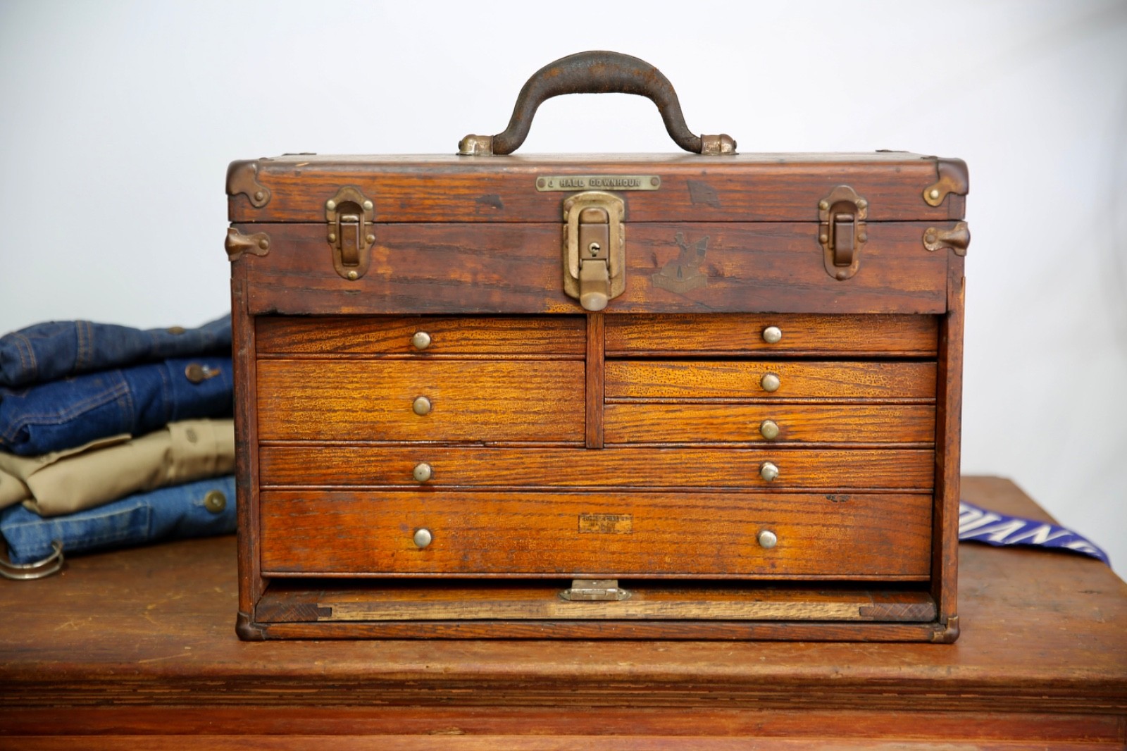 Antique Machinist Tool Box oak chest Wood Jewelry box 7 Drawer Vintage case