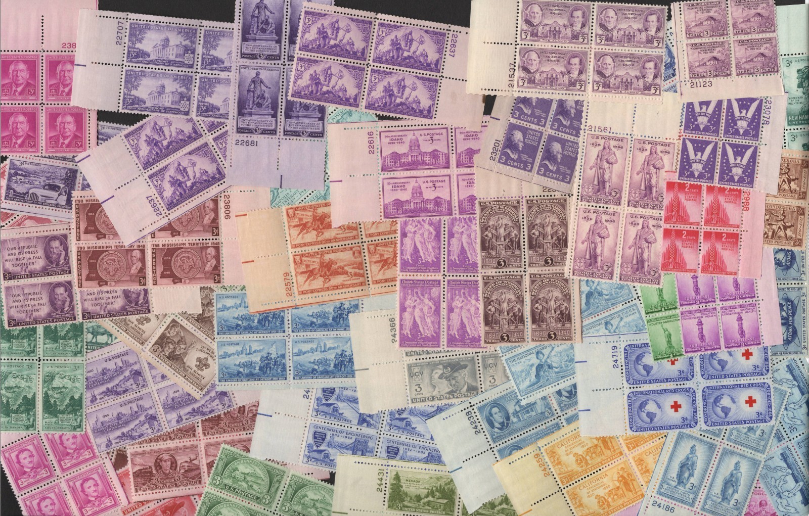 50 different Vintage (1930's-1950's) 3c Plate Blocks Mint, og, NH-Free Shipping