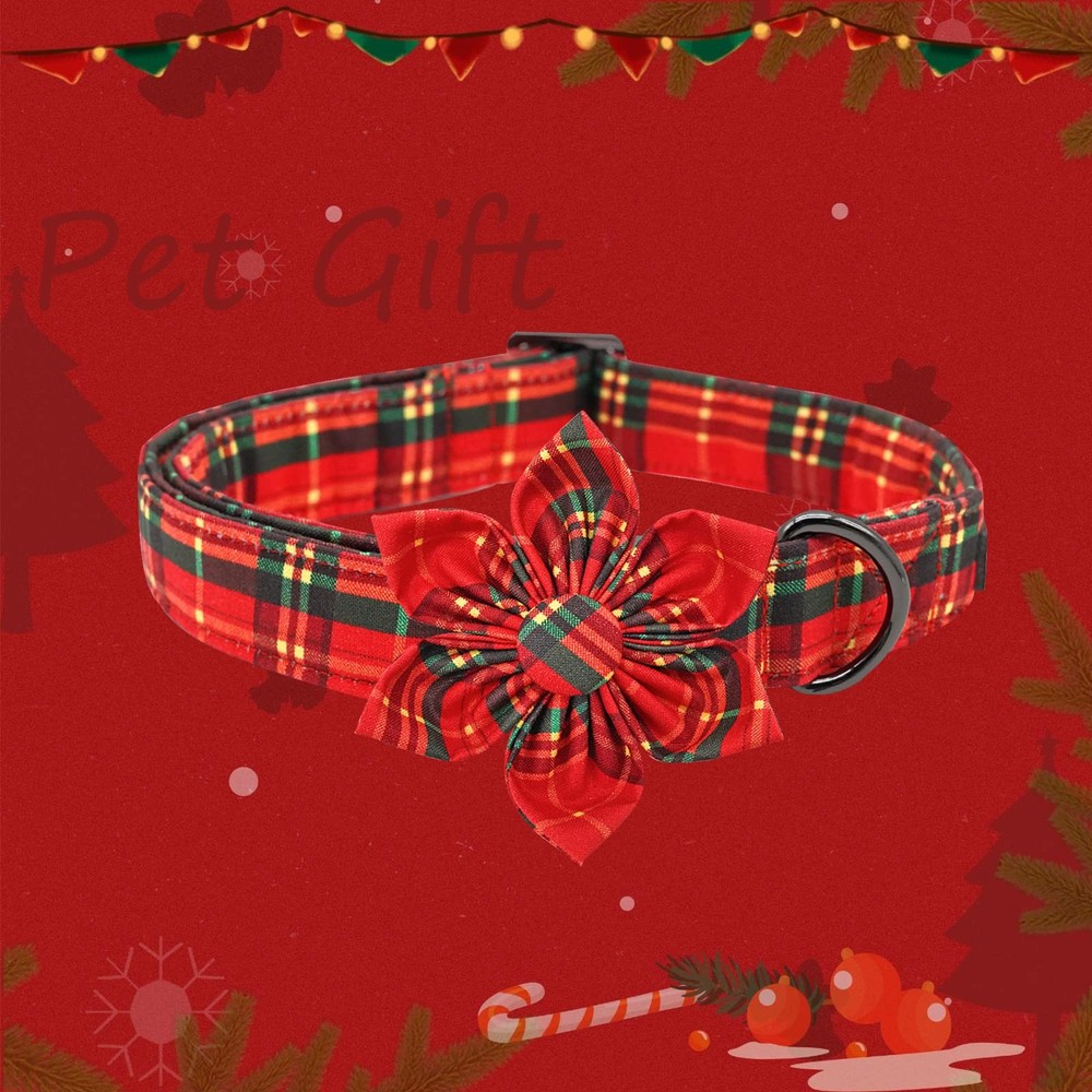 Christmas Dog Collar Flower Plaid Pattern Adjustable Medium Dogs