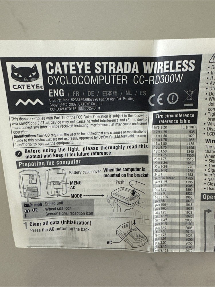 Classic Cateye Strada Wireless Cyclocomputer CC-RD300W w/ Speed Sensor & Magnet