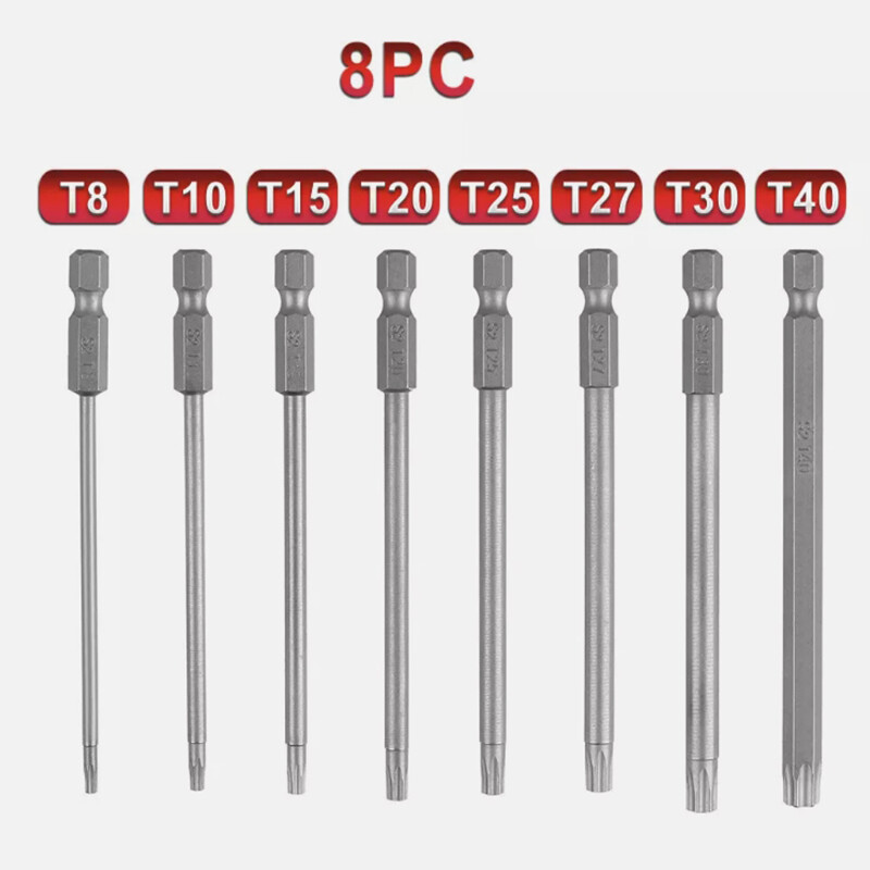 8X Torx Screwdriver Drill Bit Set 100MM Long Hex- T8 T10 T15 T20 T25 T27 T30 T40