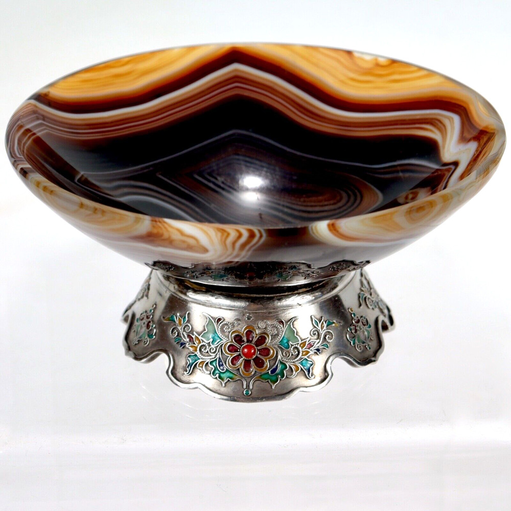 Old or Antique Enameled Austrian Silver & Agate Bowl.