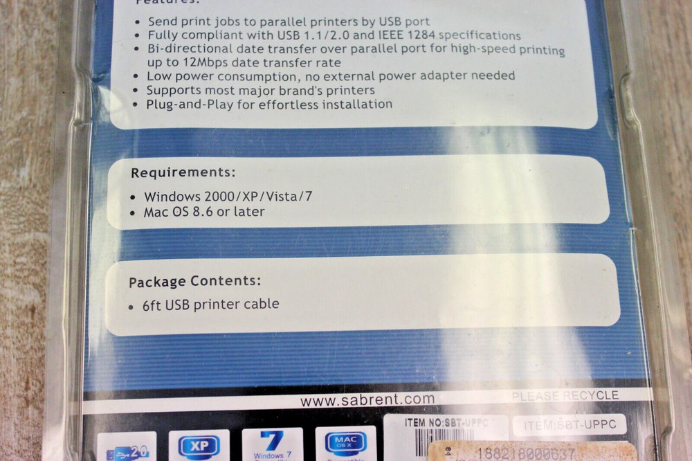 Parallel Printer Cable Adapter Sabrent SBT-UPPC USB to Serial/Parallel - 6 ft