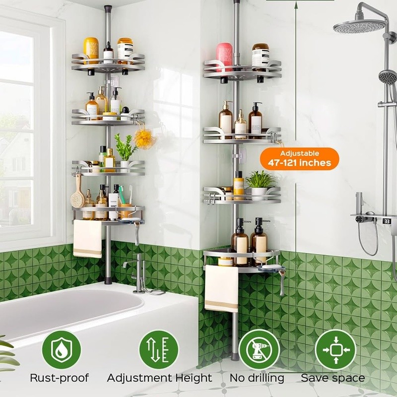 Adjustable Shower Caddy Tension Pole 4-Tier Bathroom Organizer Rustproof Storage
