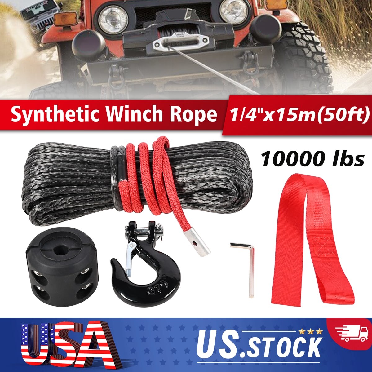 Synthetic Winch Rope Kit, 1/4'' x 50FT w/ 10000 lbs Strength, Protective Sleeve
