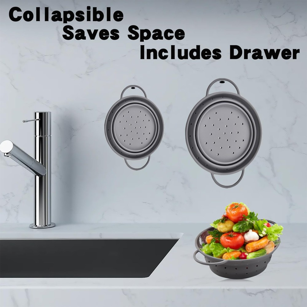 Collapsible Colander with Handle, Silicone Kitchen Colander for Easy Storage,...