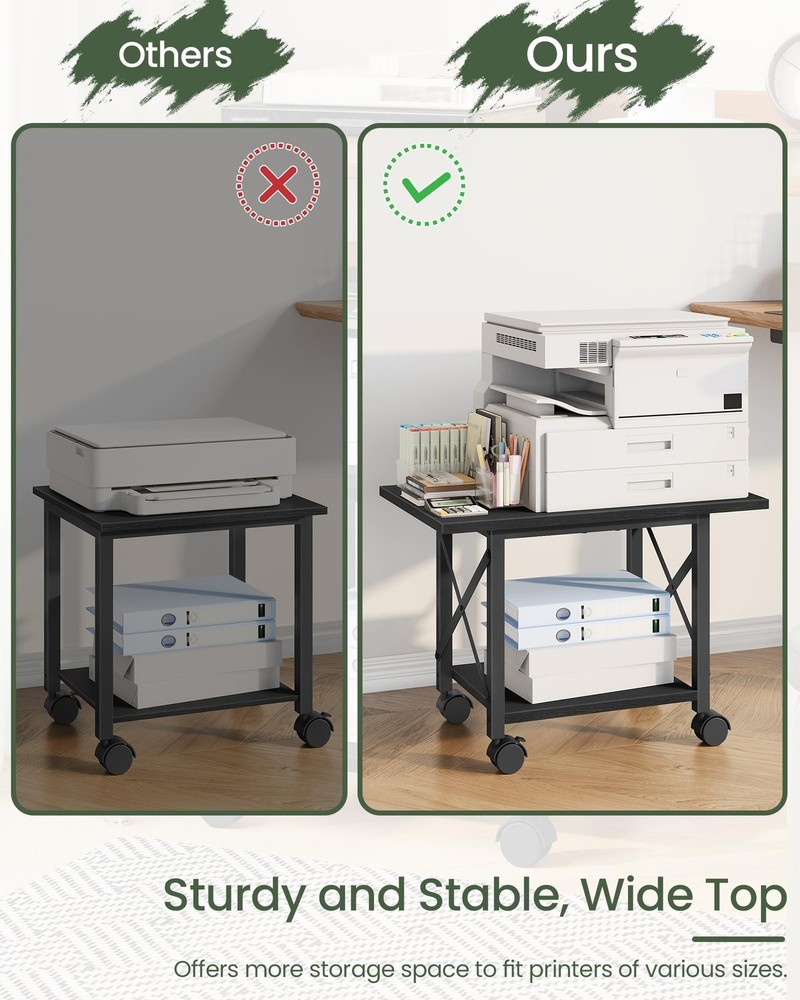 23.6" Under Desk Printer Stand, 2-Tier Printer Table with Wheels Adjustable F...