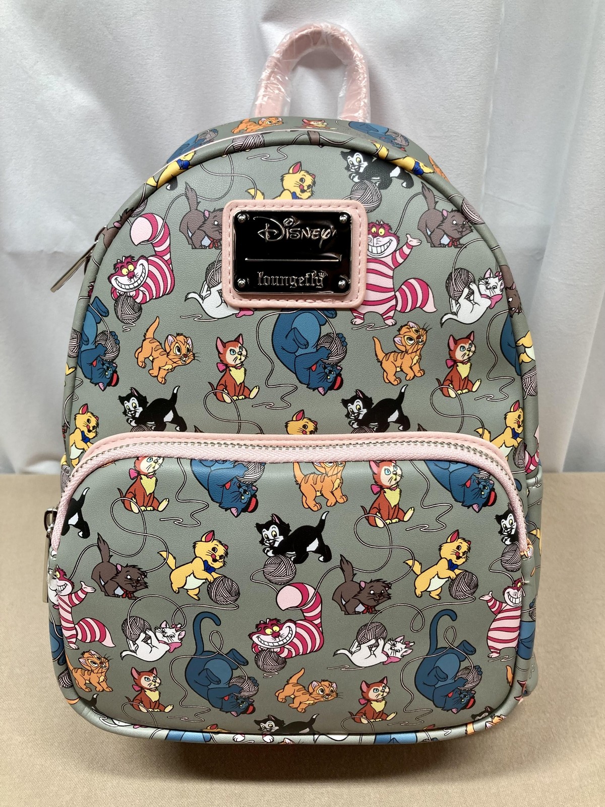 Disney Loungefly Cats Kittens Yarn Allover Print Mini Backpack Pink Gray NWT