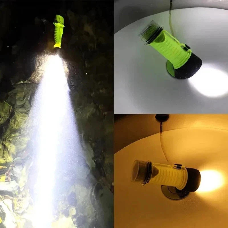 Professional Diving Flashlight Rechargeable Underwater Torch White&Yellow Light
