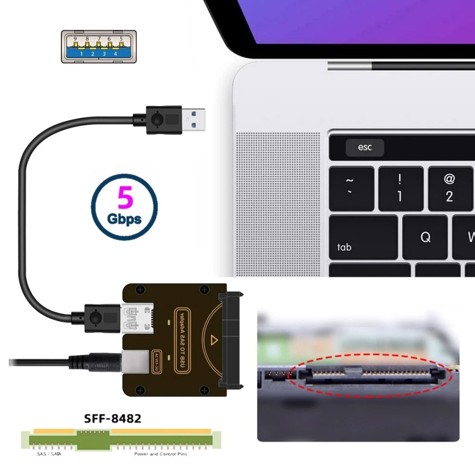 USB 3.0 to SAS Adapter for SFF-8482 SAS Hard Disks to USB 3.0 Converter AdapteeB