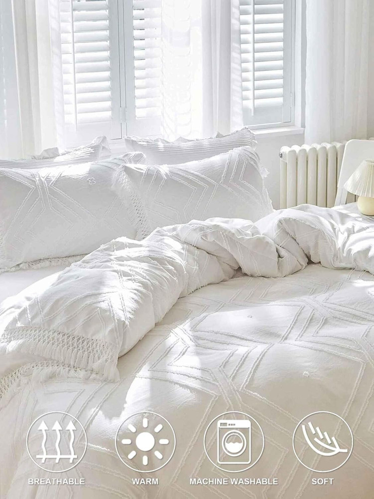 Boho Chic Queen Comforter Set - White Tufted Tassel Microfiber Bedding 3Pc
