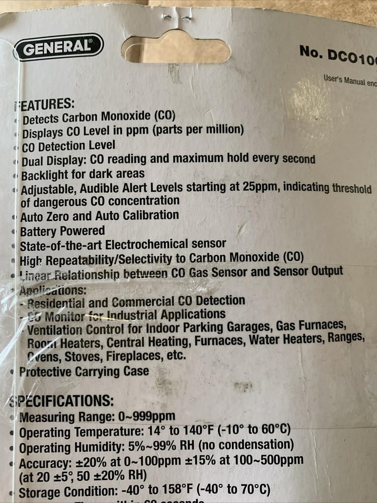 General Tools DCO1001 Carbon Monoxide Detector Meter - New