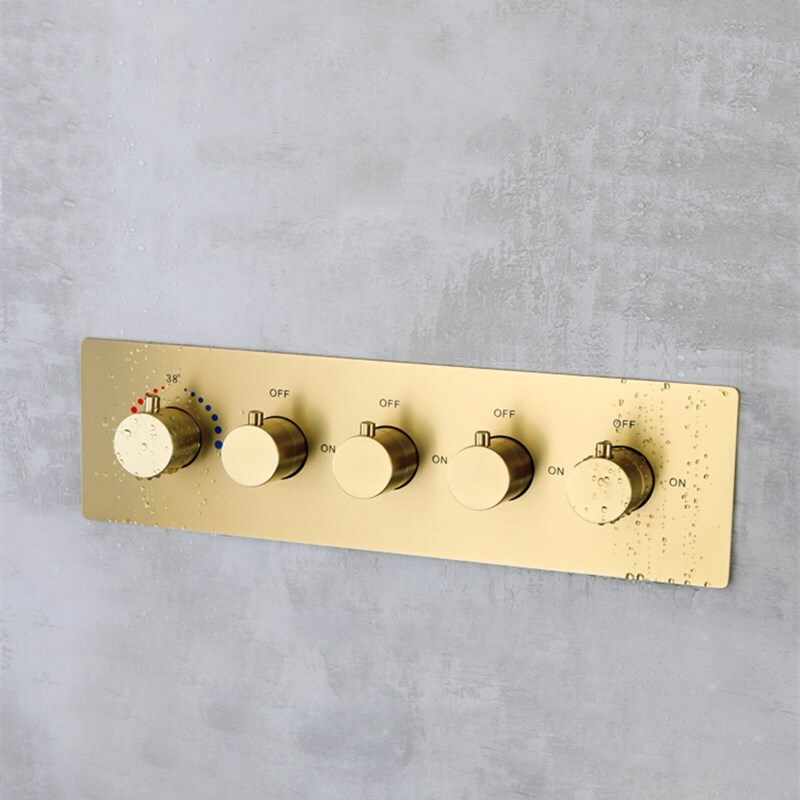Thermostatic Brass Rectangular Shower System With 3 PCS Body Jets Brushed Gold