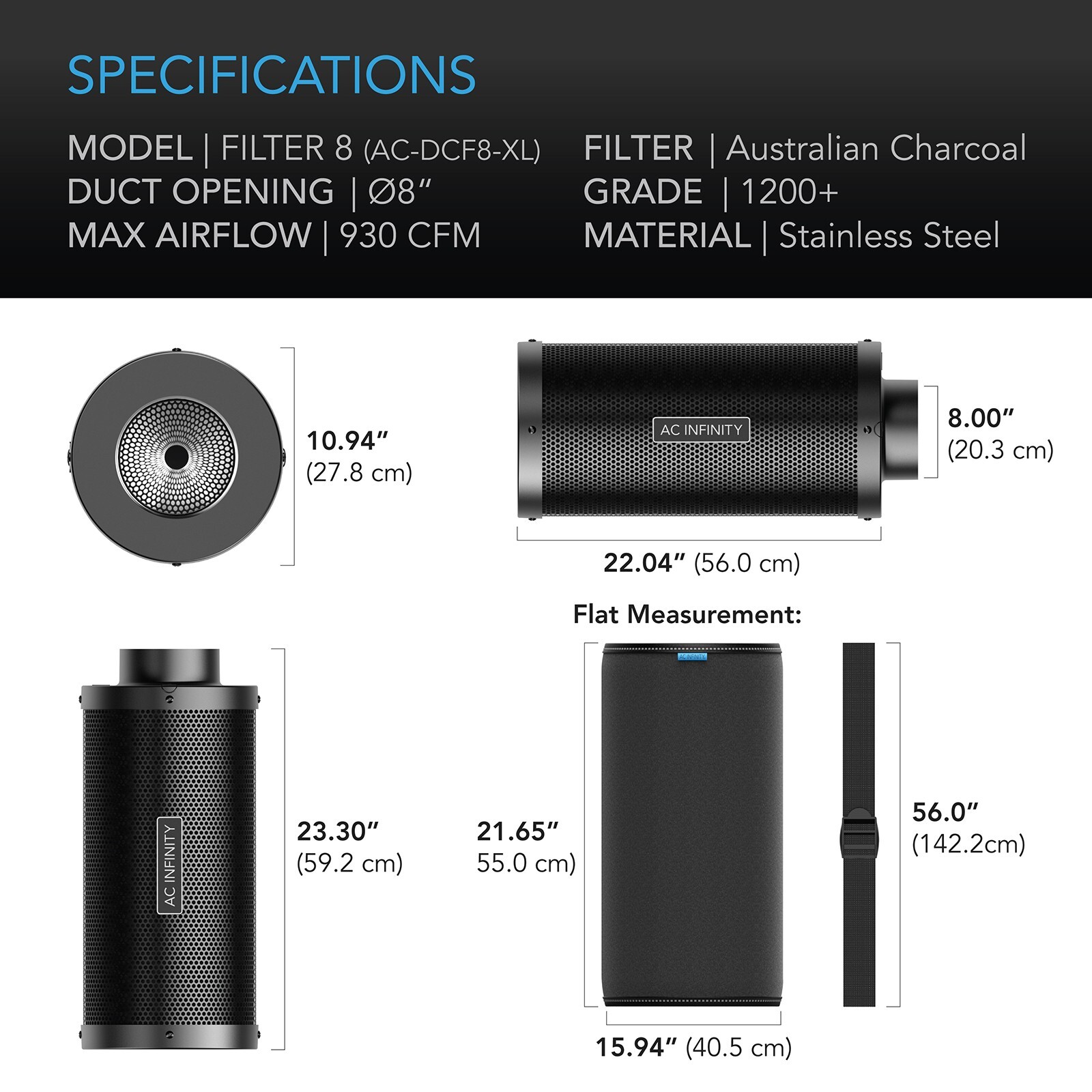 Carbon Filter XL 8", Australian Charcoal, Odor Control, Hydroponics, Grow Rooms