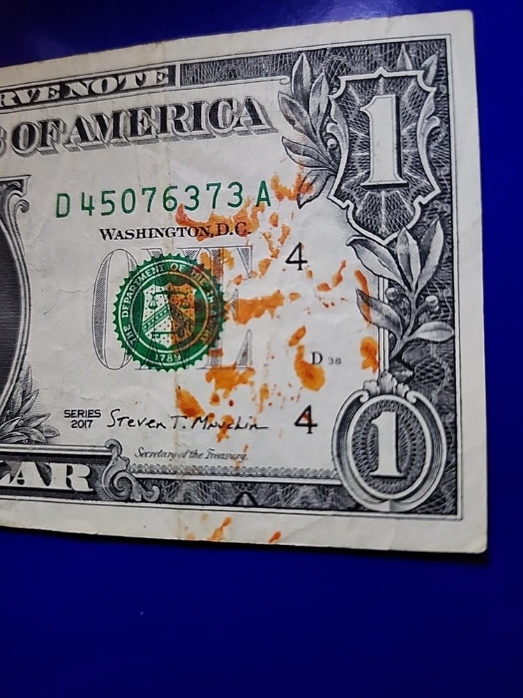 2017 $1 Note, Off-center Print Reverse, Orange Ink Contamination Error Obverse.